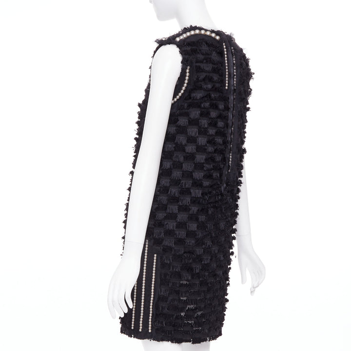 LANVIN 2015 black pearl mesh embellished eyelash fringe silk lined dress FR36 S