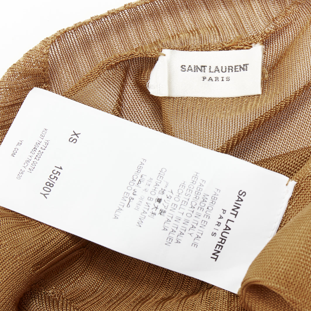 SAINT LAURENT 2023 Runway gold brown high neck sheer long sleeve maxi dress S