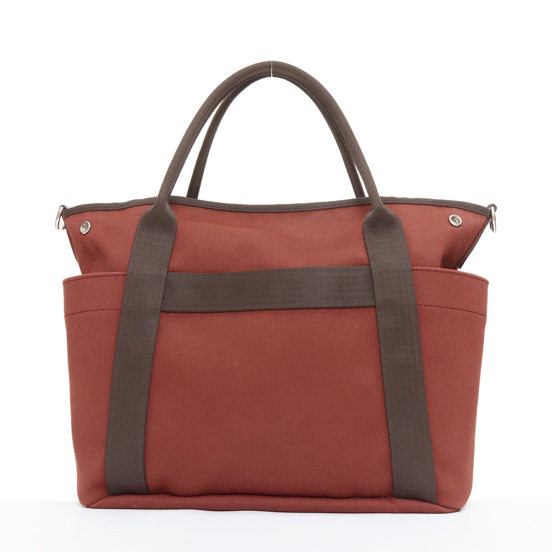 HERMES Sac de Panage Groom burgundy brown canvas logo tote bag