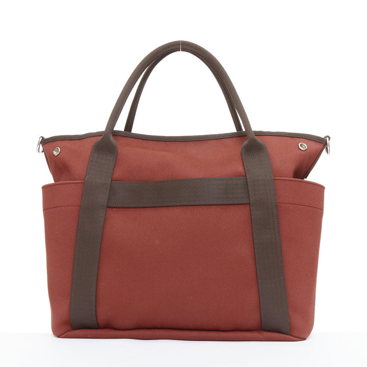 HERMES Sac de Panage Groom burgundy brown canvas logo tote bag