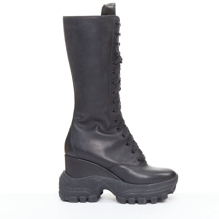 MIU MIU Runway black leather logo lace up chunky wedge tall boots EU39