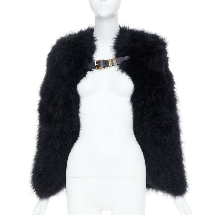 BALMAIN 2014 black turkey feather leather buckle collar cape shrug bolero FR38 M