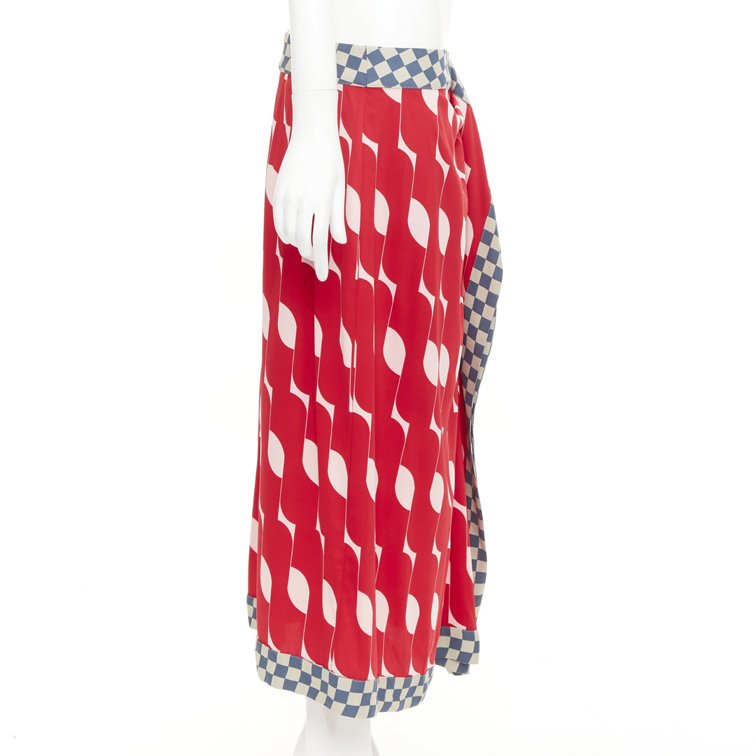 DRIES VAN NOTEN 2024 red silk geometric print wrap checkered midi skirt FR38 M