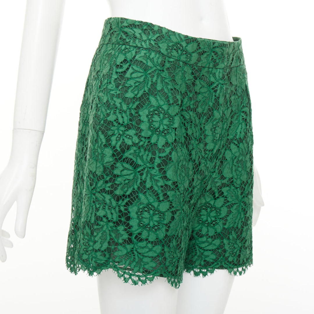 VALENTINO green floral guipure lace silk lined high waist mini shorts IT44 L