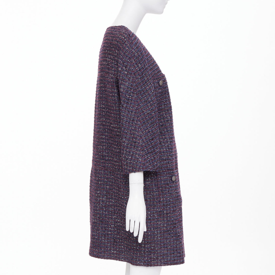 CHANEL 2014 purple metallic CC button four pocket collarless tweed coat FR44