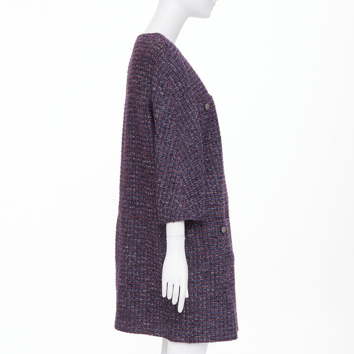 CHANEL 2014 purple metallic CC button four pocket collarless tweed coat FR44