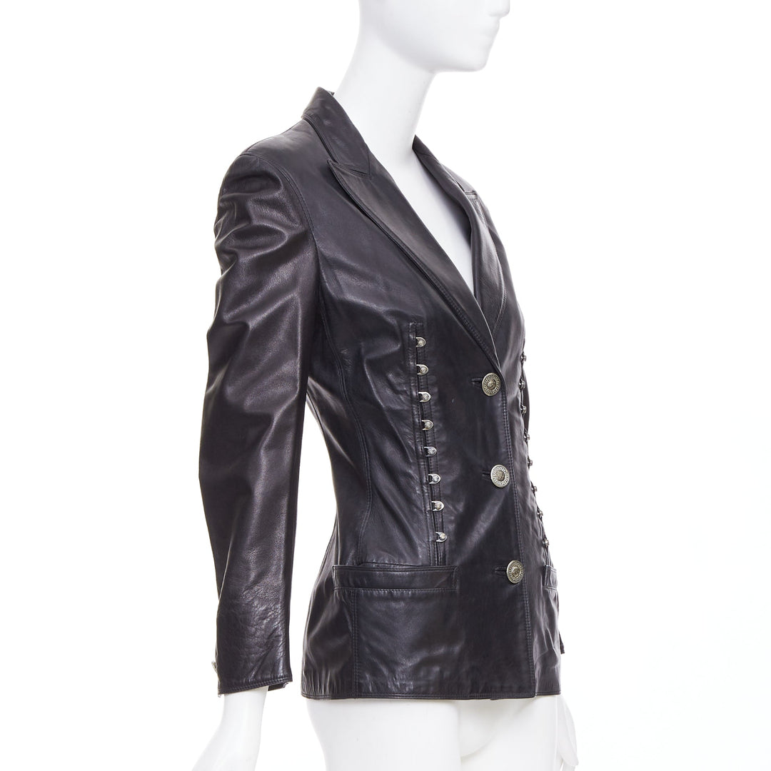 GIANNI VERSACE 1995 Vintage black lambskin silver Medusa hourglass jacket IT40 S