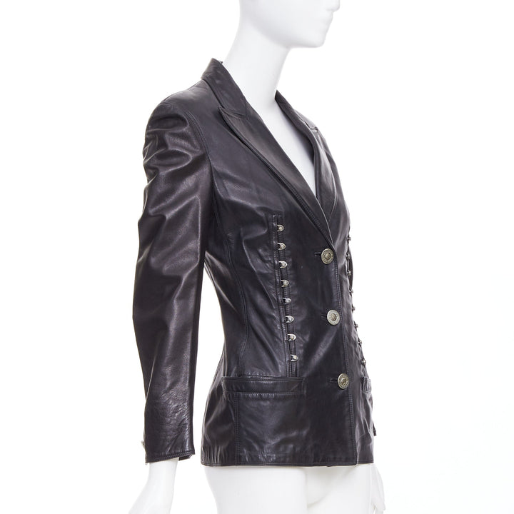 GIANNI VERSACE 1995 Vintage black lambskin silver Medusa hourglass jacket IT40 S