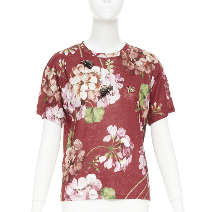 GUCCi Blooms burgundy pink floral print cotton Embellished insect t-shirt M
