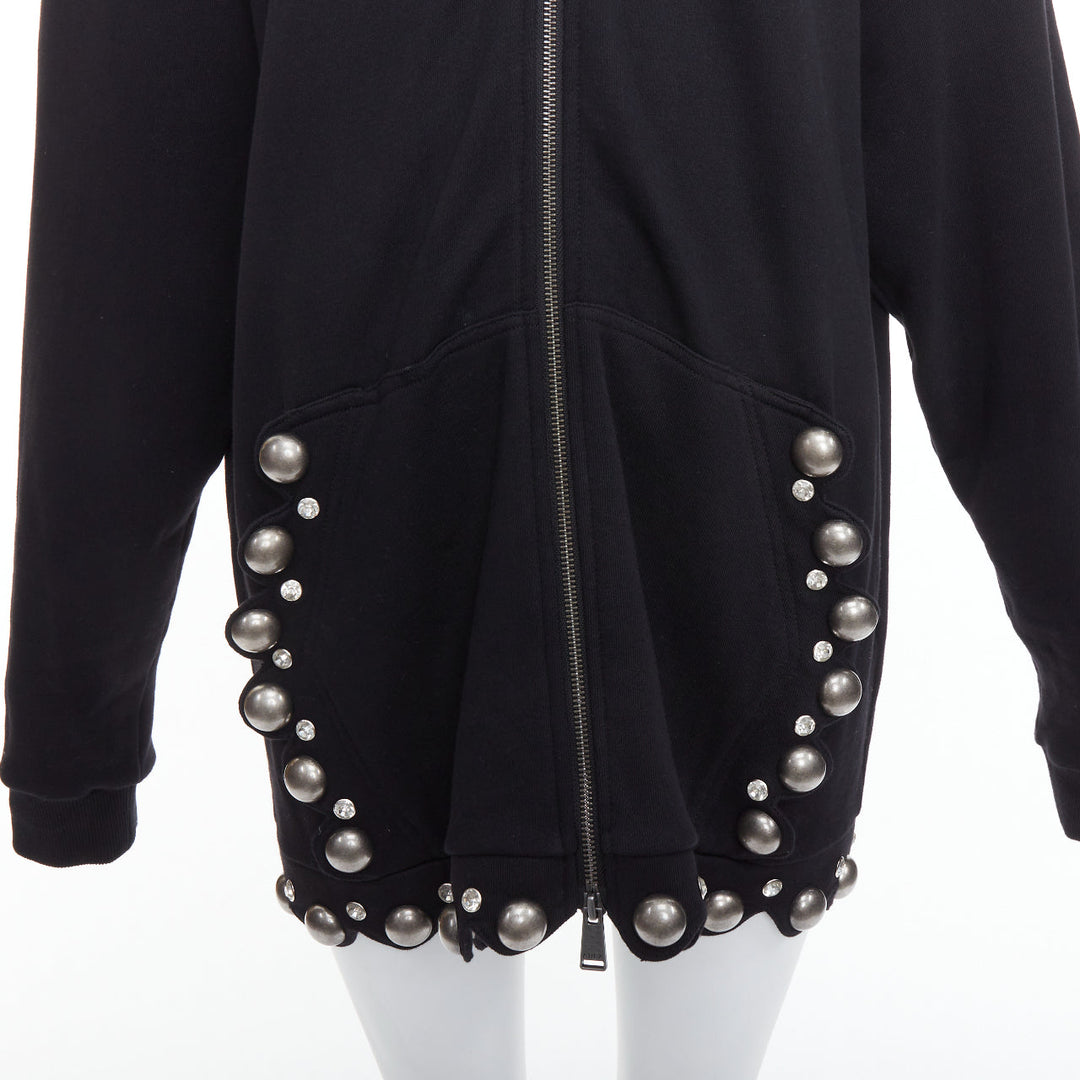 AREA Crystal Dome black cotton silver stud embellished hoodie XS