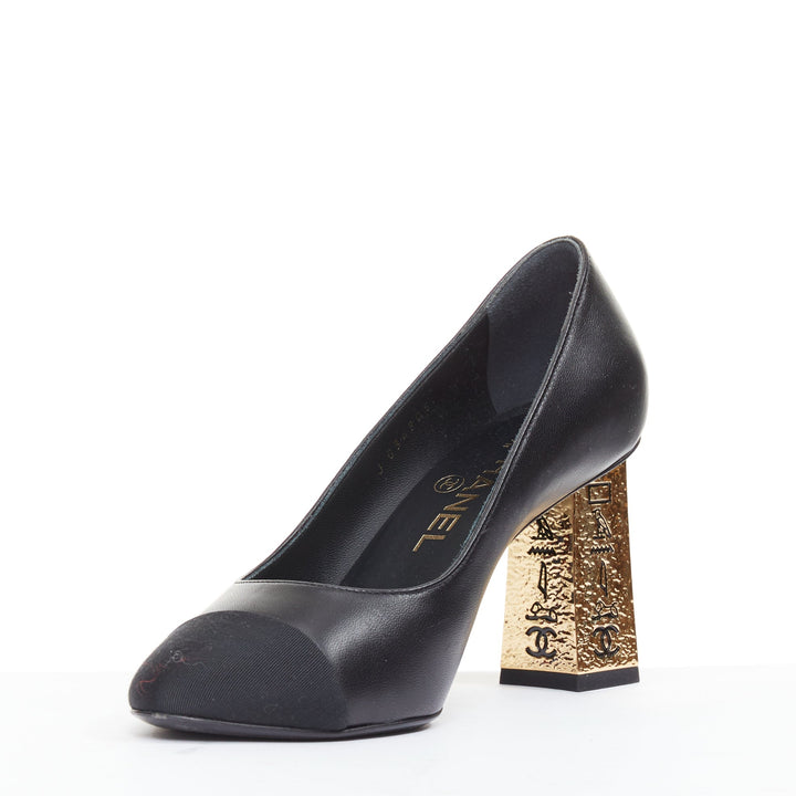 CHANEL 2018 Egypt Hieroglyphic  black leather grosgrain toe cap pumps EU36.5