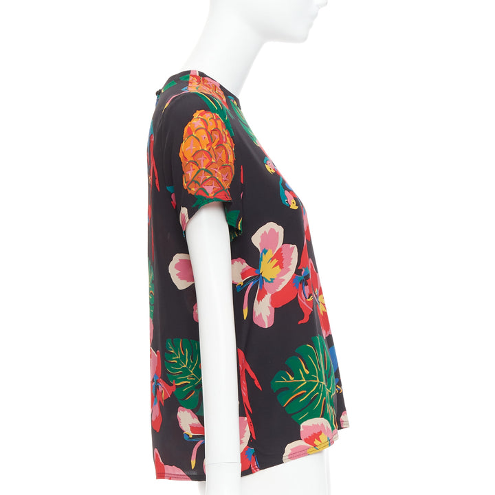VALENTINO Tropical Couture 100% silk black parrot floral print crew top M