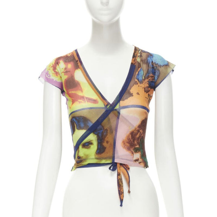 JEAN PAUL GAULTIER Soleil Vintage 2002 Portaits print sheer wrap tie top shirt M