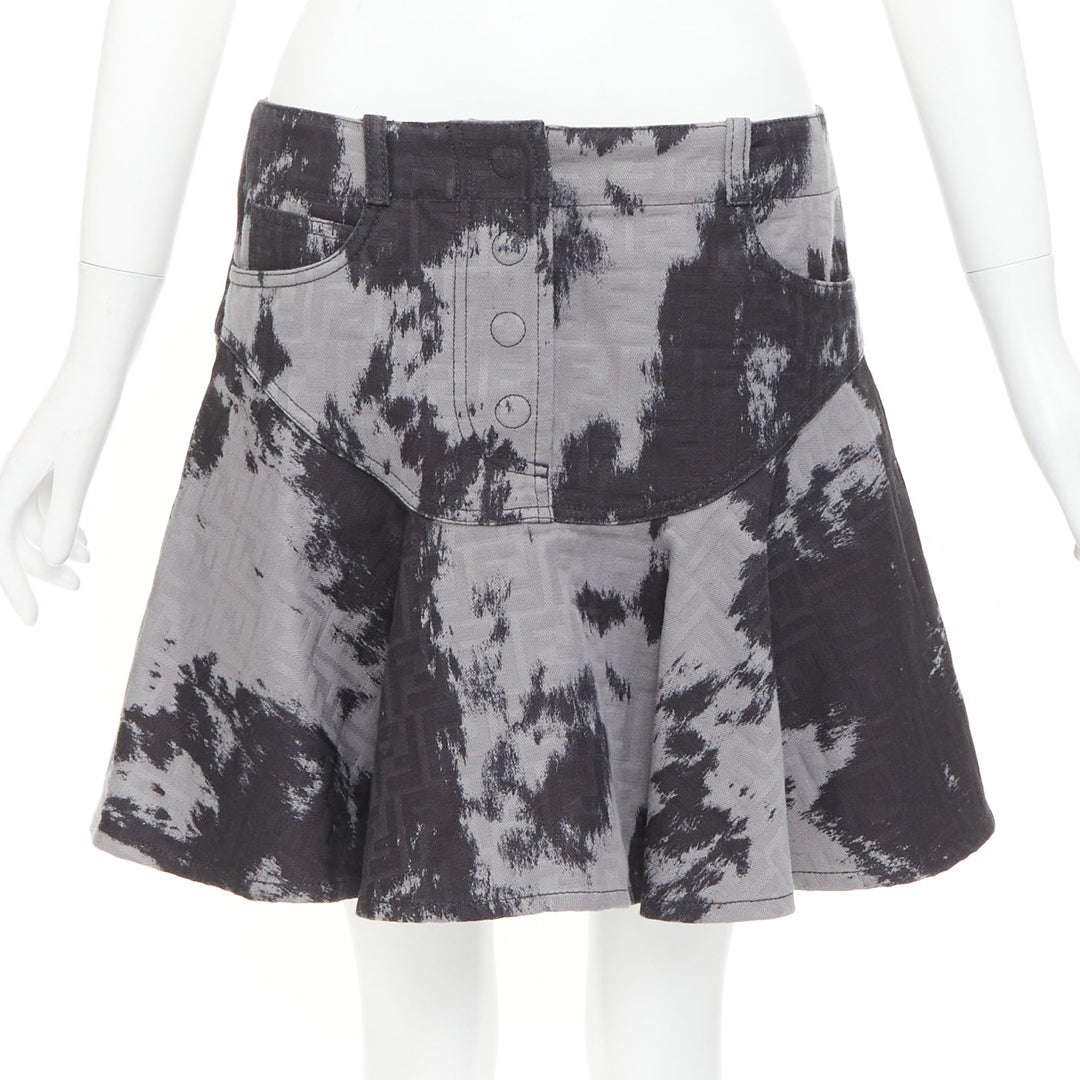 FENDI Five-Pocket black grey cotton FF Monogram tie dye denim flared skirt IT42