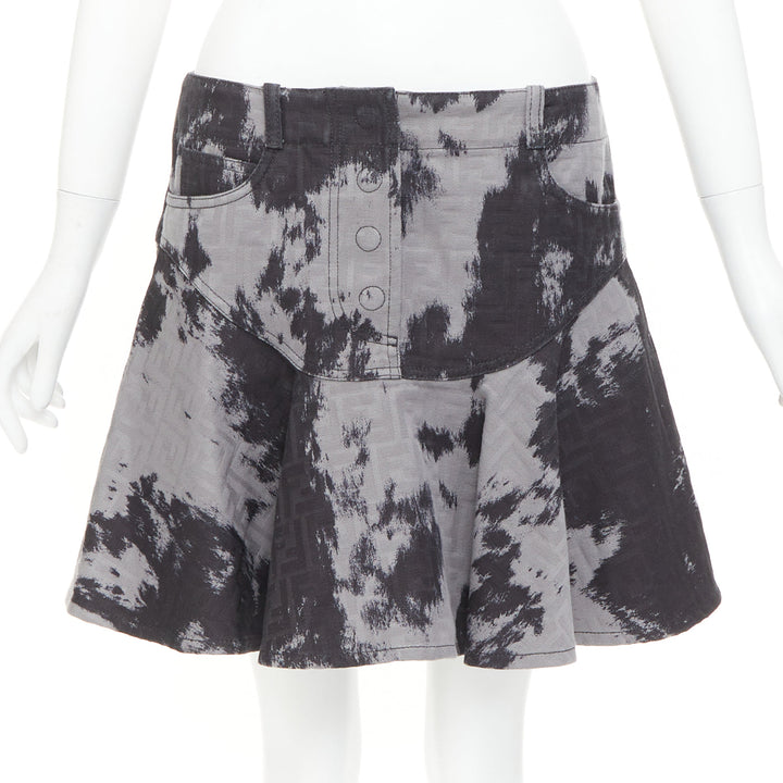 FENDI Five-Pocket black grey cotton FF Monogram tie dye denim flared skirt IT42