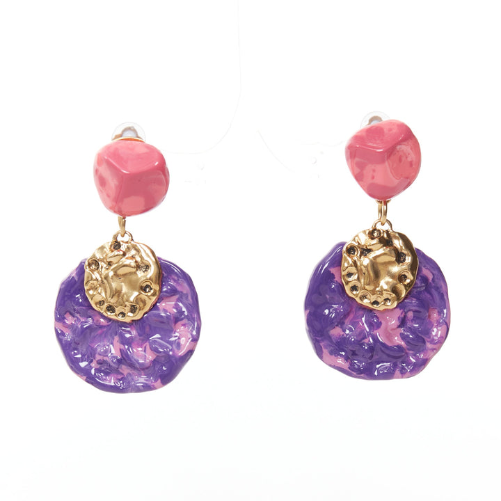 rare SAINT LAURENT 2022 Retro pink purple glazed resin brass clip earring Pair