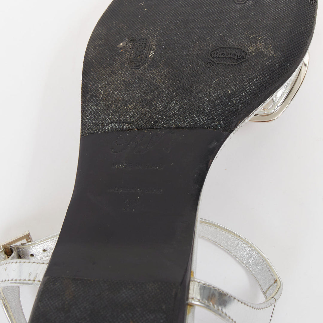 ROGER VIVIER silver crystal buckle metallic leather tstrap sandals EU37