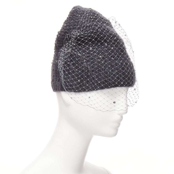 JENNIFER BEHR grey charcoal crystal beads veil round top beanie hat