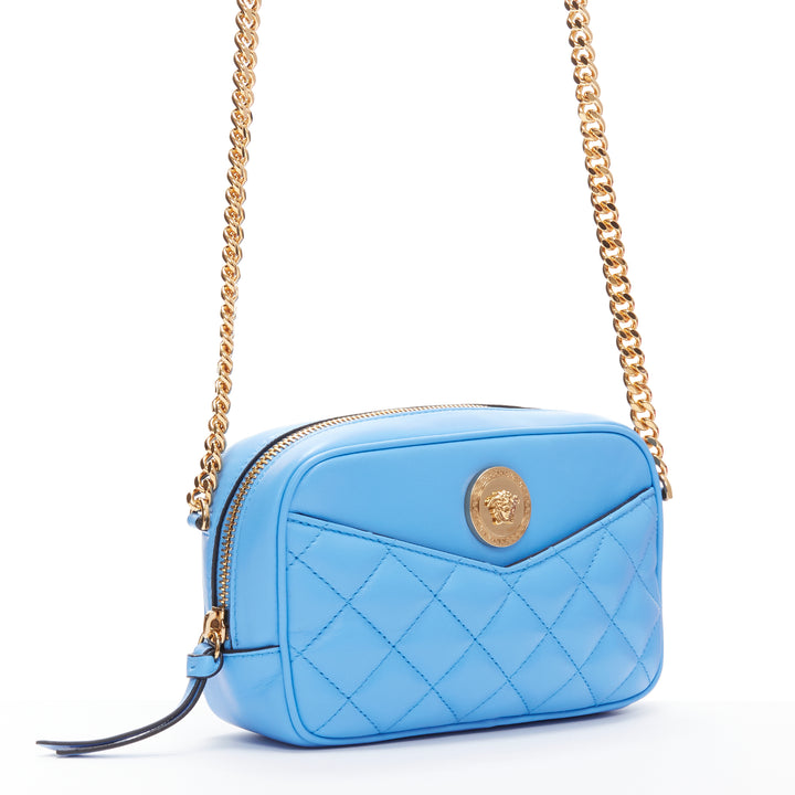 VERSACE blue lambskin leather quilted gold Medusa chain crossbody bag Small