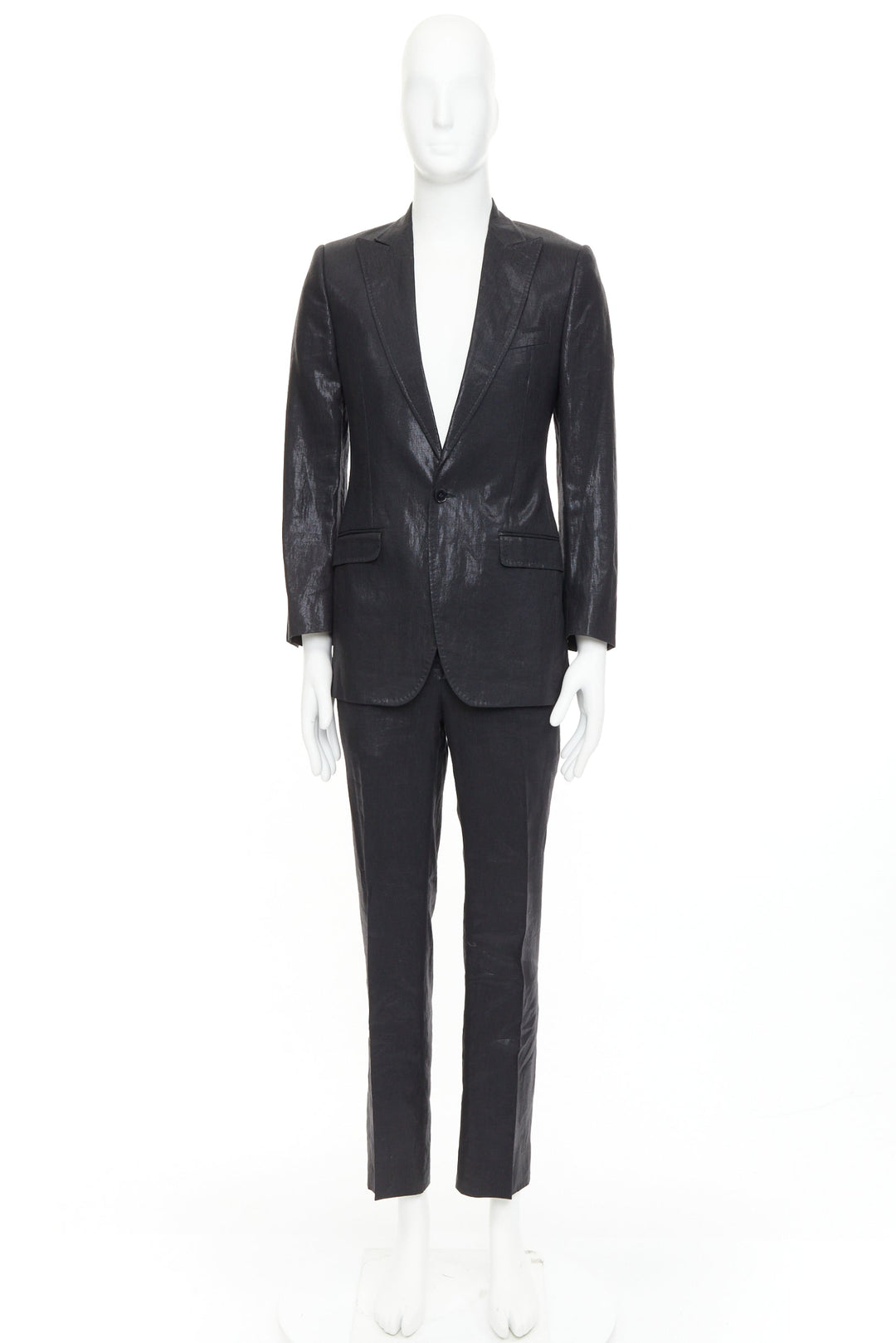 DOLCE GABBANA black linen metallic coated half canvas flap pocket suit IT44 XS
