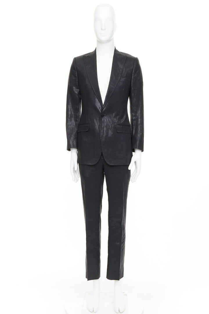 DOLCE GABBANA black linen metallic coated half canvas flap pocket suit IT44 XS