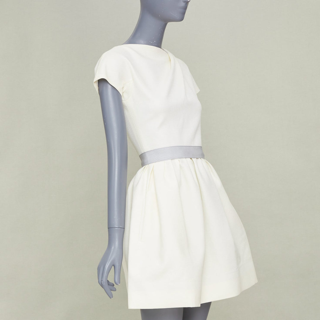 VICTORIA BECKHAM 2010 N91 cream origami fold grey belted cotton dress UK6 XS