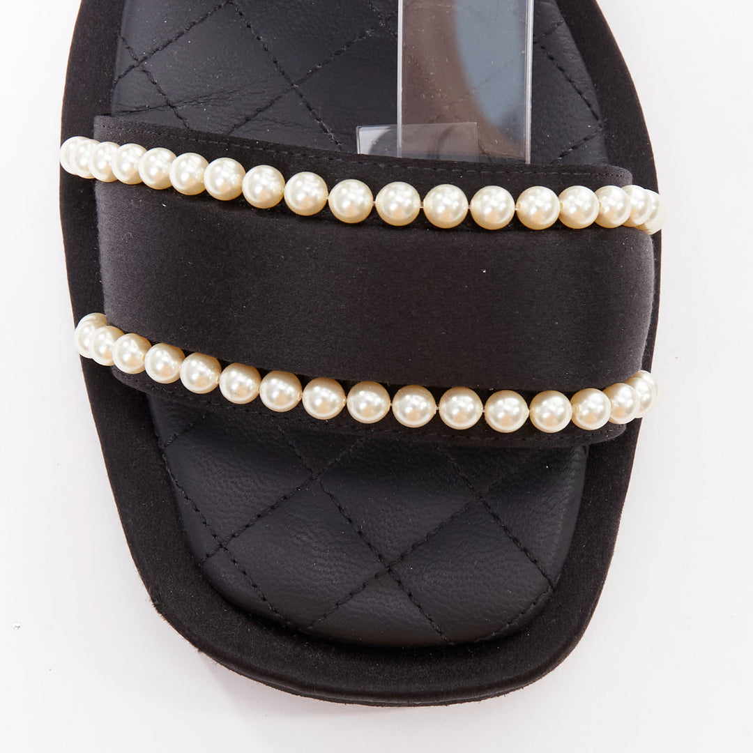 CHANEL 2022 black pearl embellished satin CC flat dad sandals EU36.5