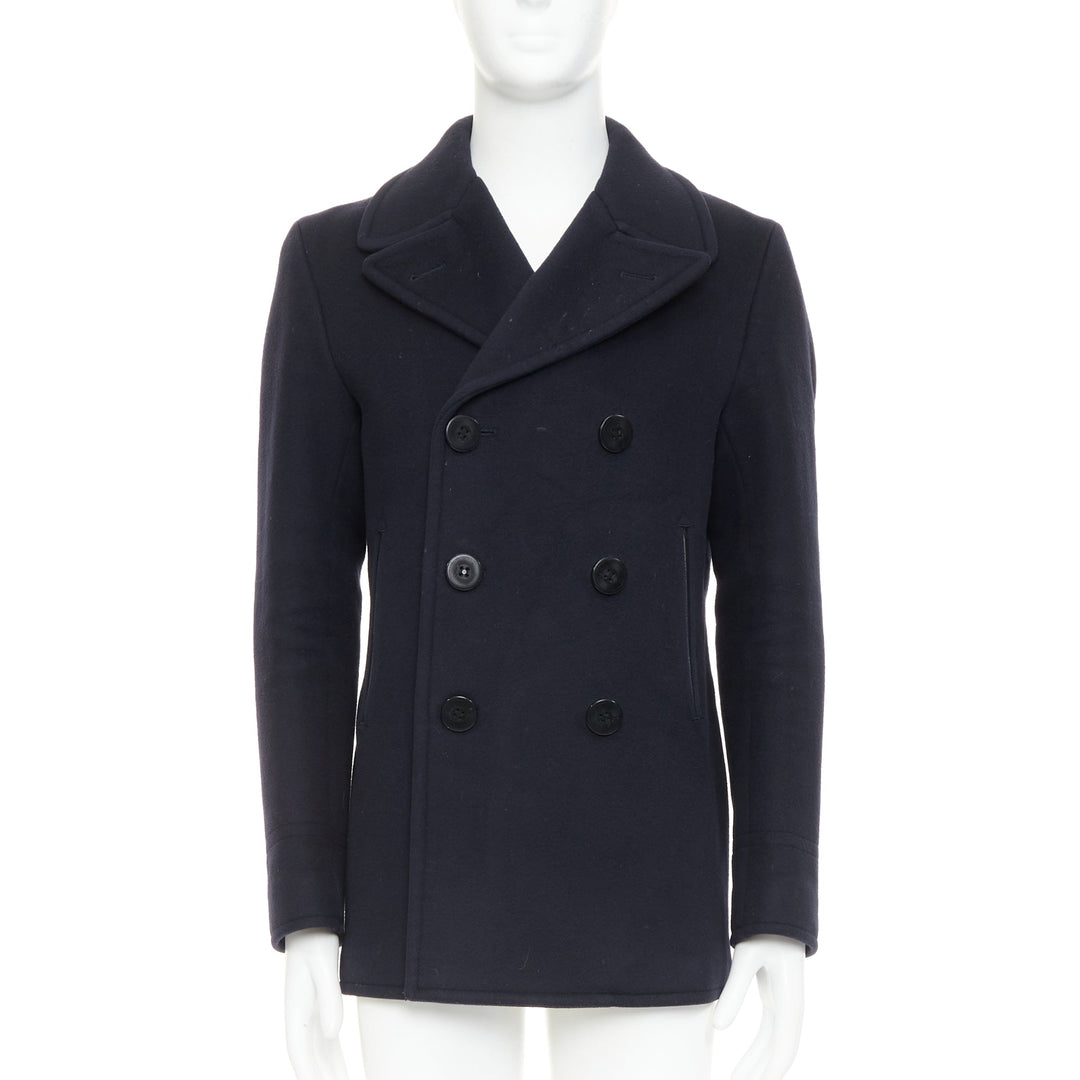 TOM FORD navy 100% wool leather trim double breasted pea coat IT48 M