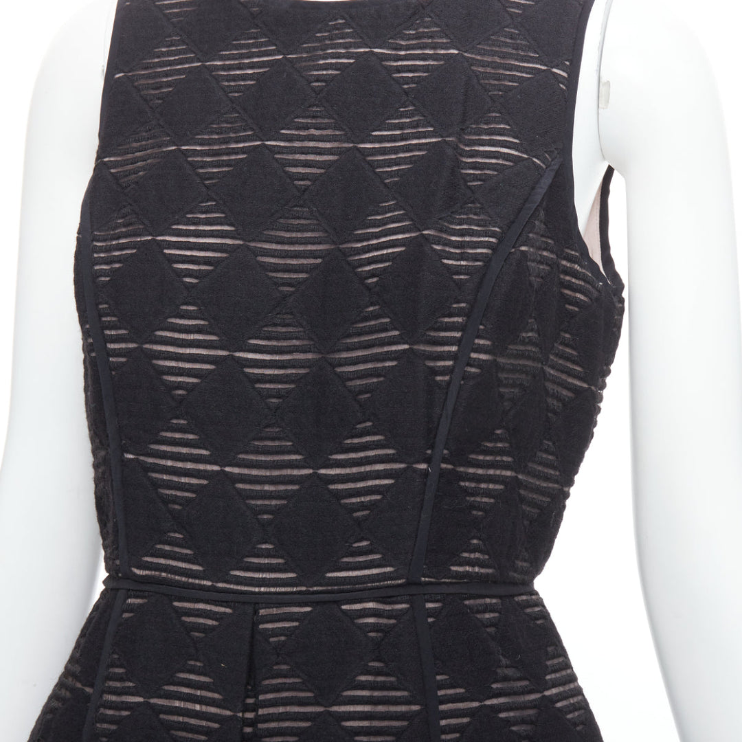 TIBI black diamond checkered embroidered stripe fit flared dress US4 S