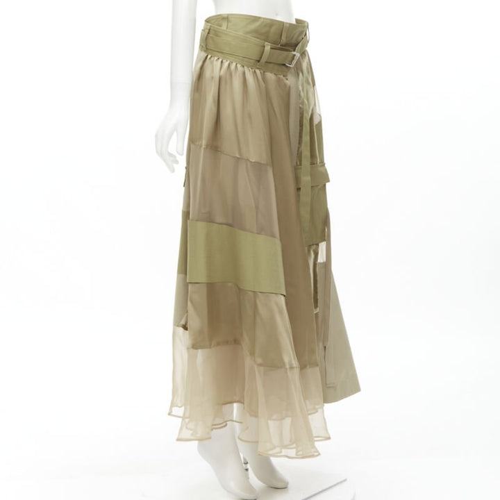 SACAI 2020 khaki military patchwork sheer deconstructed belted skirt JP3 L