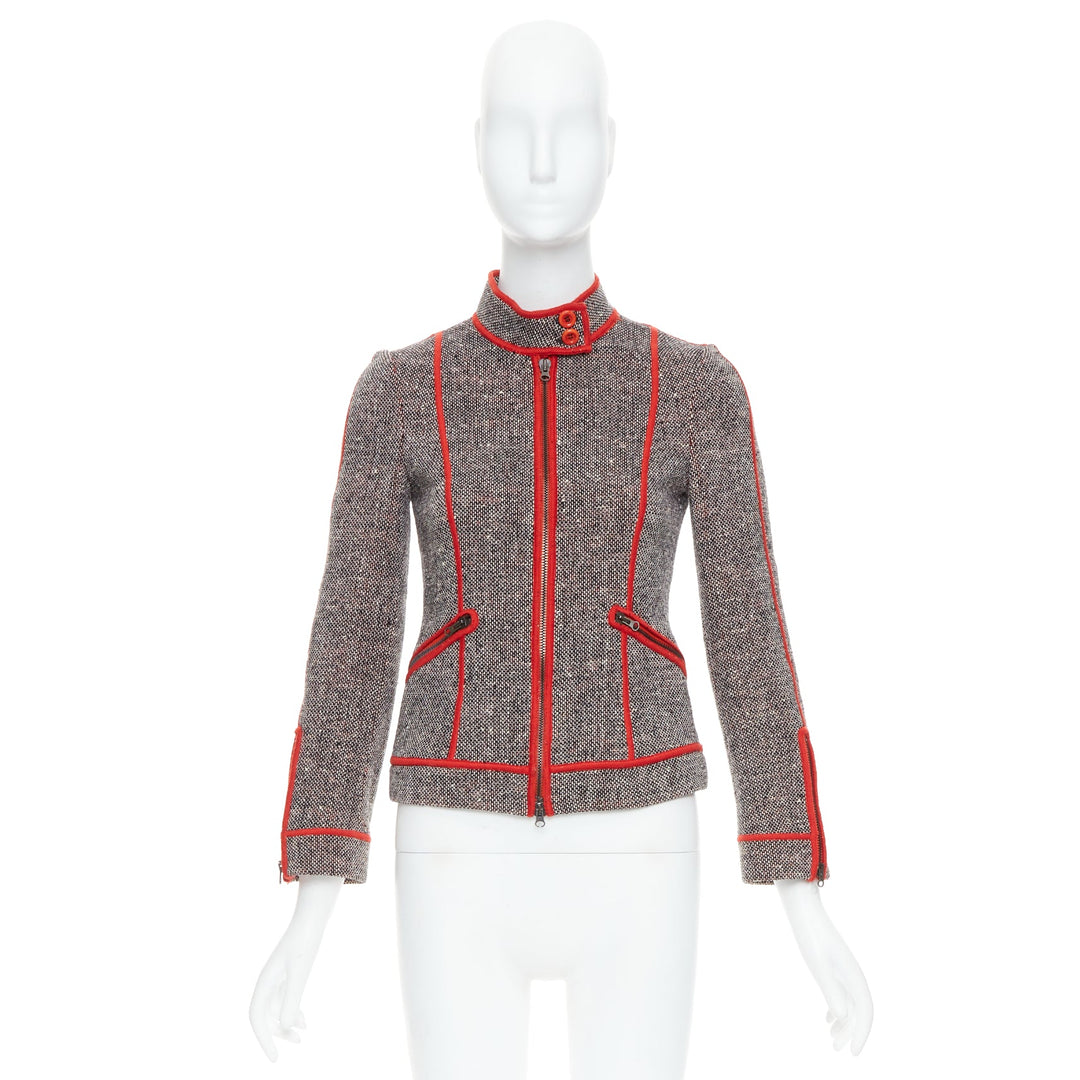 MOSCHINO CHEAP CHIC Vintage grey wool tweed red piping  moto jacket IT38 XS