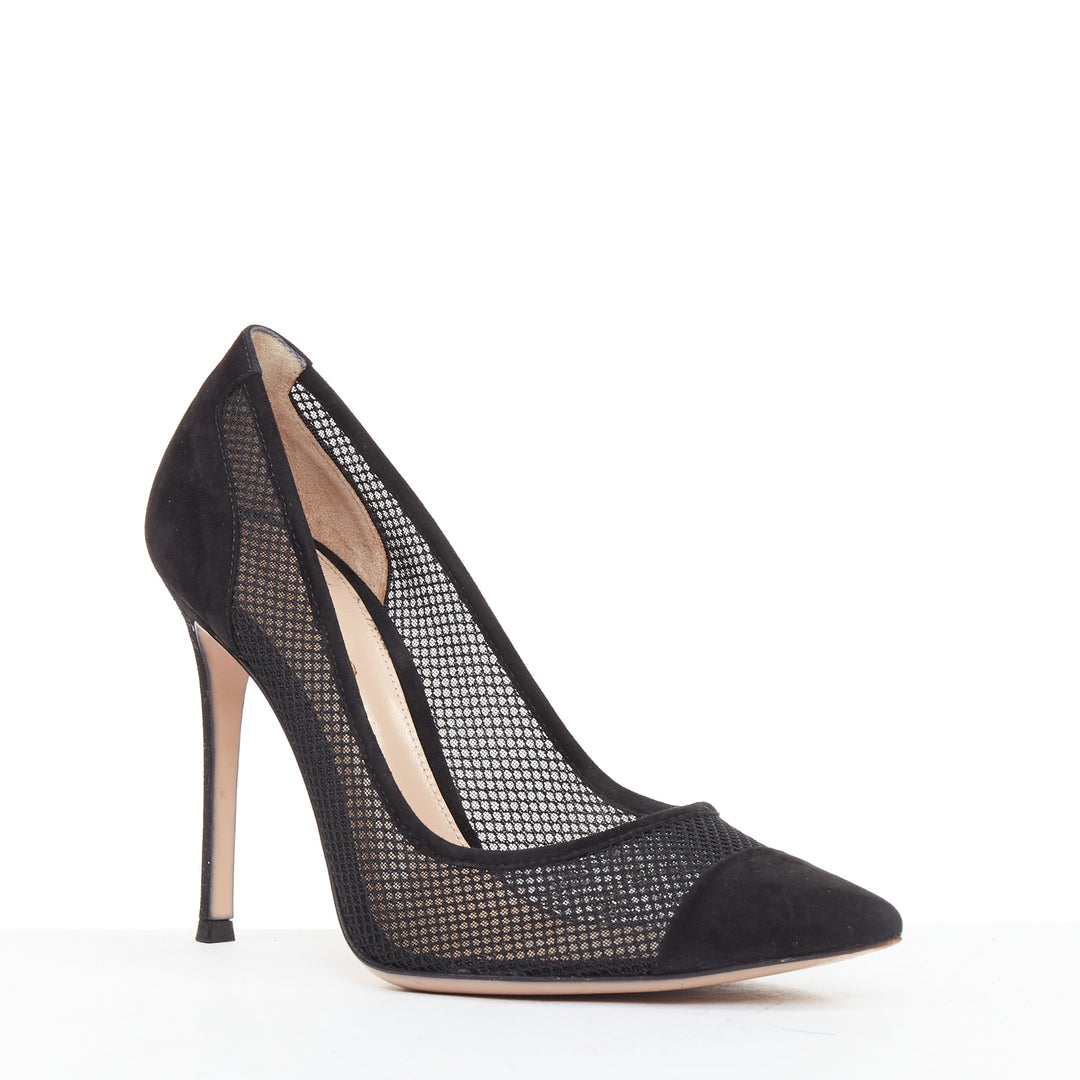 GIANVITO ROSS Follie Camoscio black fishnet suede toe cap pointy pumps EU37.5
