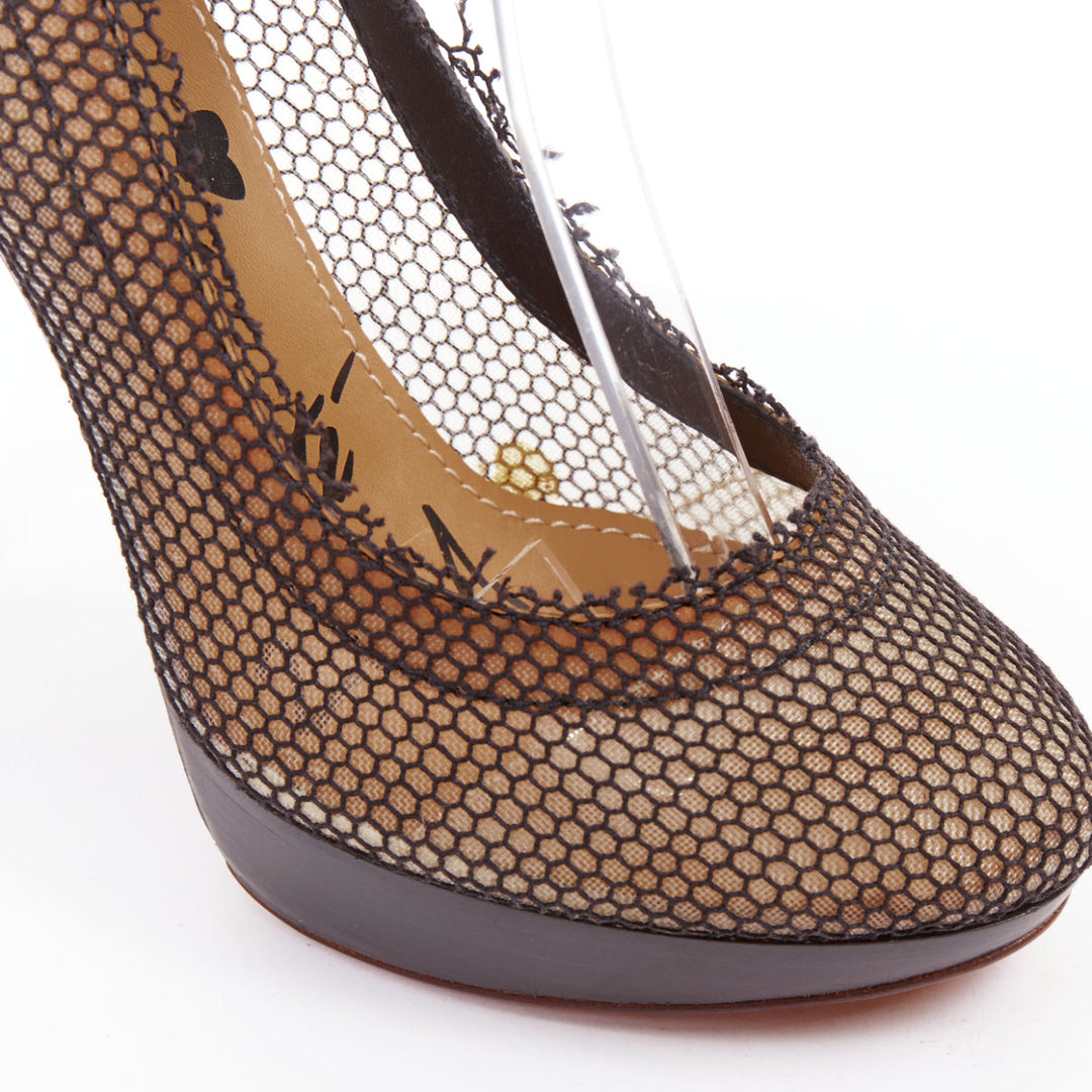 LANVIN 2011 Runway black fishnet mesh ankle harness strap pin heels EU38.5