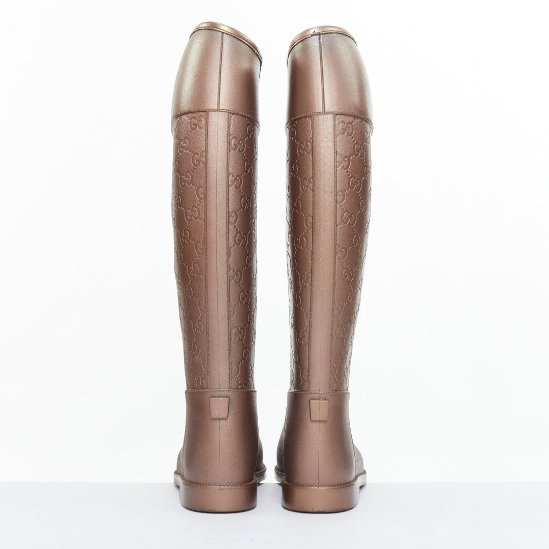 GUCCI bronze GG logo monogram rubber flat tall rainboots EU36