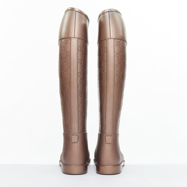GUCCI bronze GG logo monogram rubber flat tall rainboots EU36