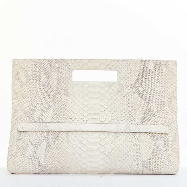 NANCY GONZALEZ cream matte scaled leather front pocket flat shopper tote bag