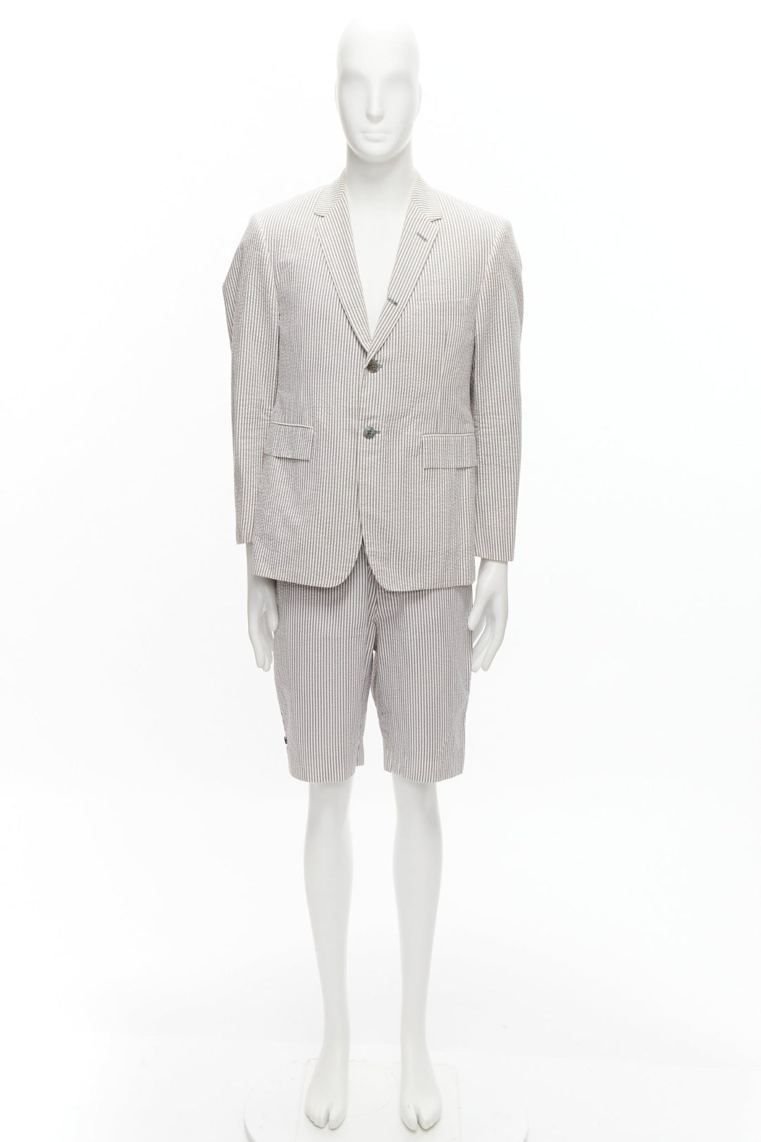 THOM BROWNE grey white striped seersucker blazer jacket shorts suit Sz. 3 L