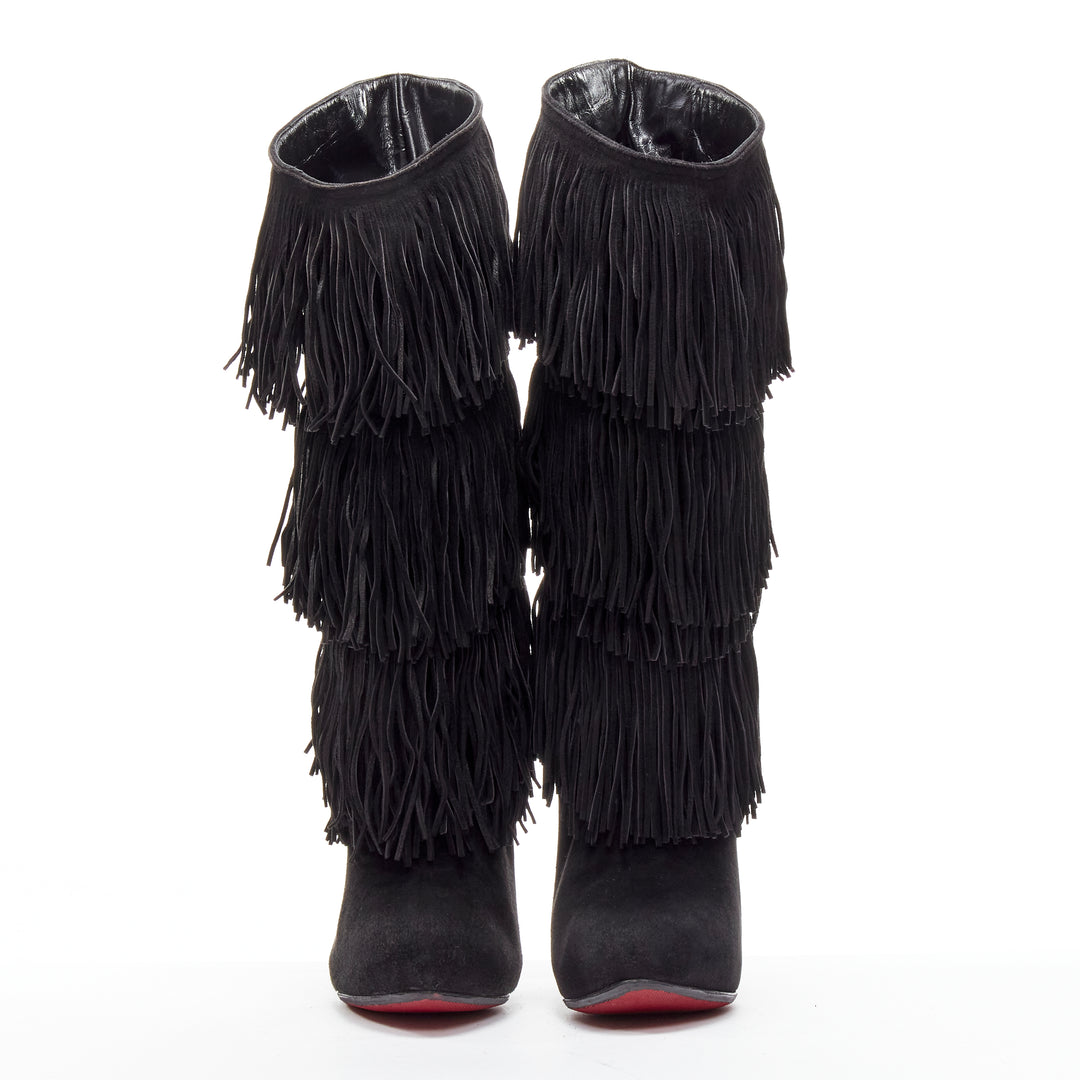 CHRISTIAN LOUBOUTIN Forever Tina 130 black suede fringe platform boots EU37.5