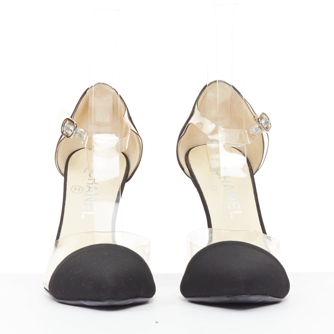 CHANEL 2013 Runway black satin clear PVC plexi CC logo cap toe pump EU38.5