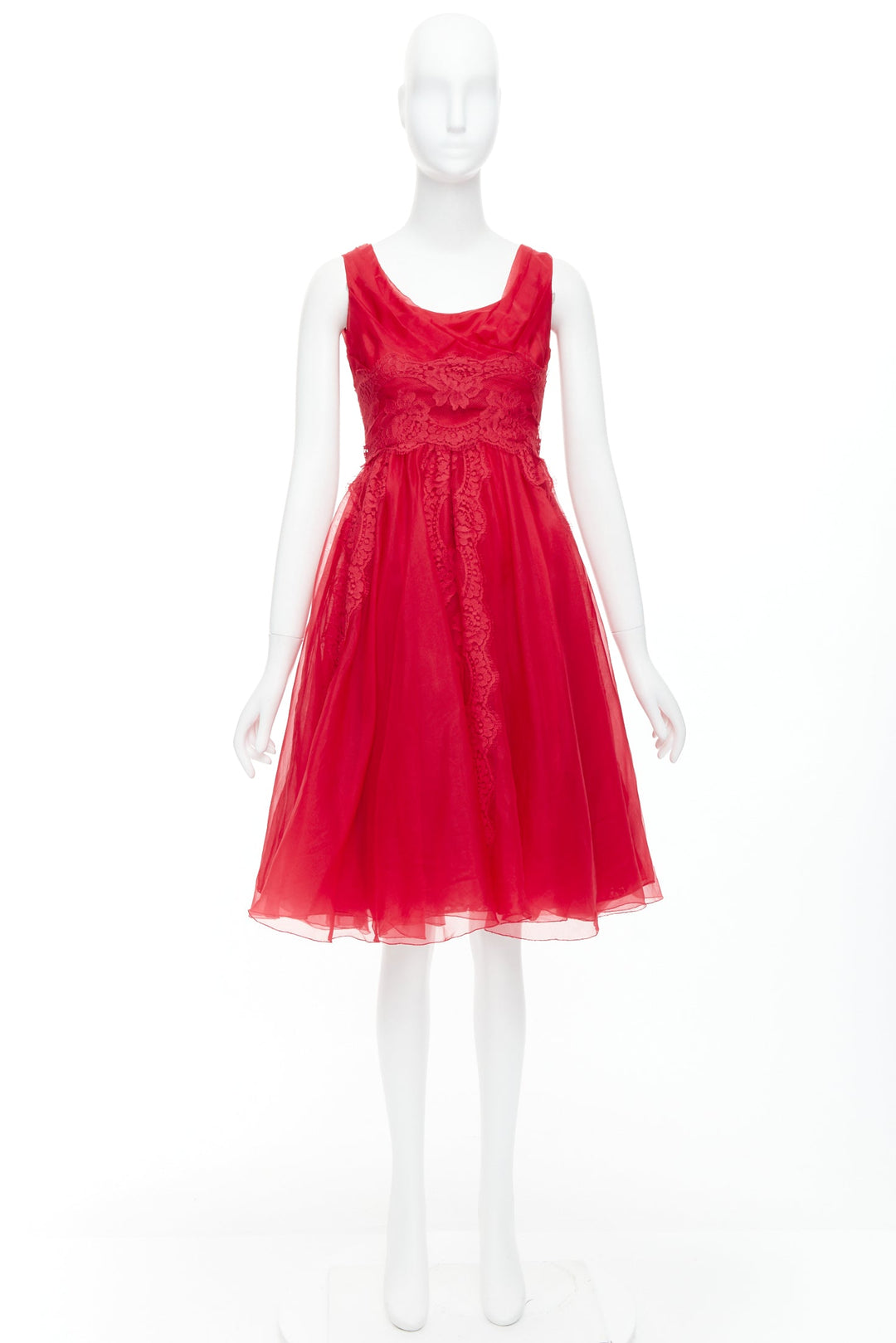 DOLCE GABBANA red cotton silk blend lace tulle fit flared dress IT36 XXS