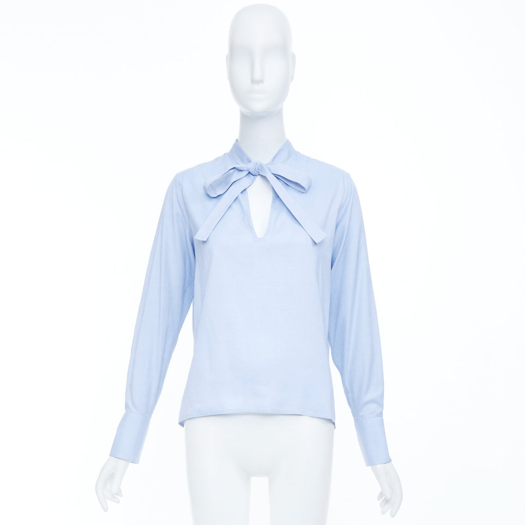VALENTINO light blue cotton pussy bow tie keyhole cut out blouse shirt IT40 S