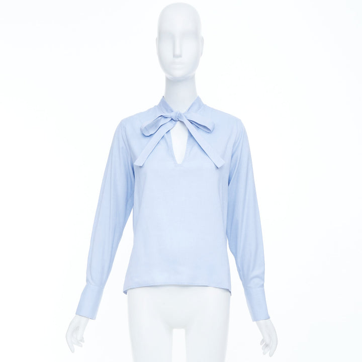 VALENTINO light blue cotton pussy bow tie keyhole cut out blouse shirt IT40 S