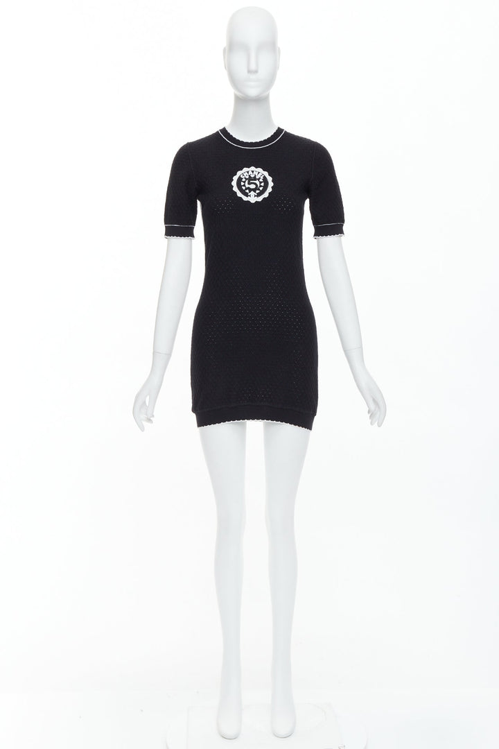 CHANEL 23C black cotton CC No.5 bead broderie pointelle dress FR34 XS