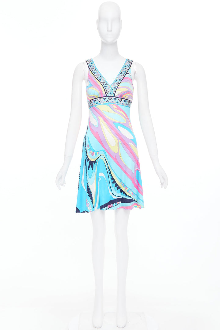 EMILIO PUCCI 100% silk light blue kaleidoscopic print mini dress IT40 S