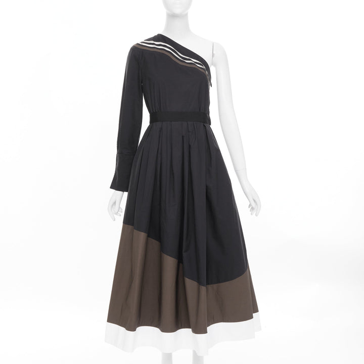 FENDI Wave one shoulder colorblock asymmetric striped pleated dress IT40 S