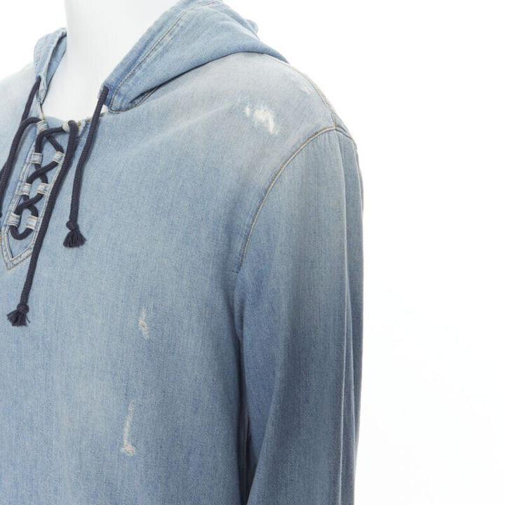 SAINT LAURENT 2018 distressed destroyed denim lace up hoodie pullover L