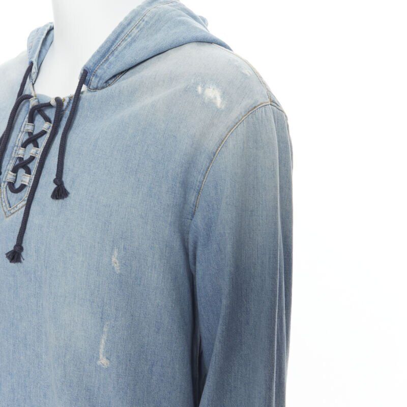 SAINT LAURENT 2018 distressed destroyed denim lace up hoodie pullover S