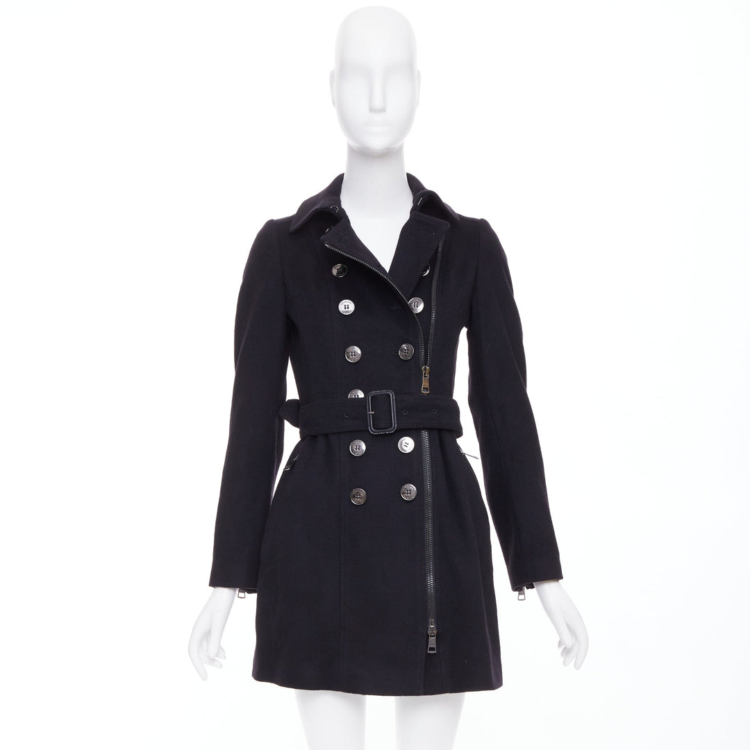 BURBERRY black virgin wool cashmere asymmetric zip belted trench coat UK4 XXS