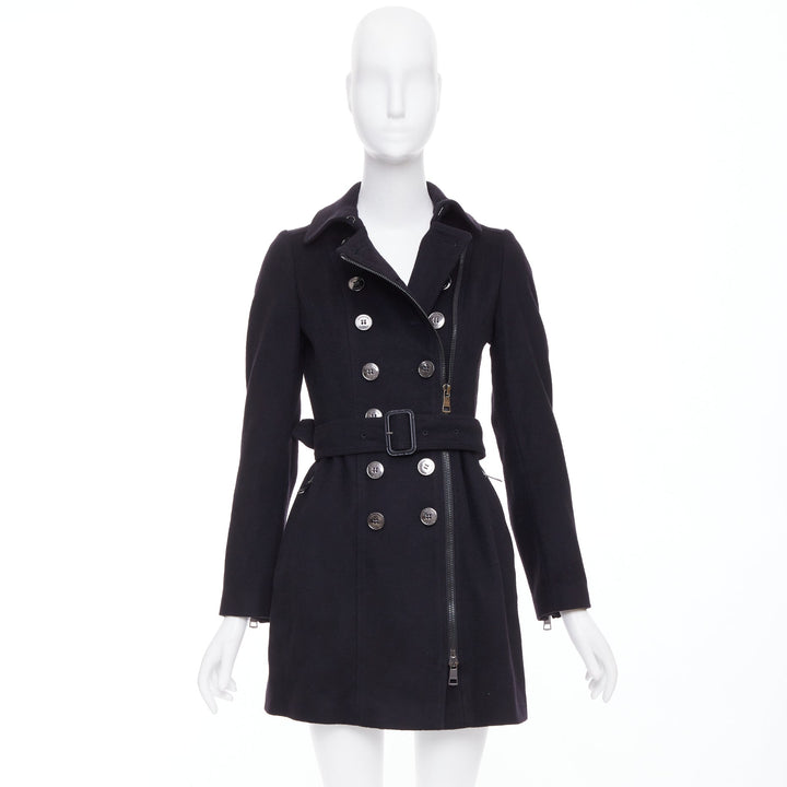 BURBERRY black virgin wool cashmere asymmetric zip belted trench coat UK4 XXS