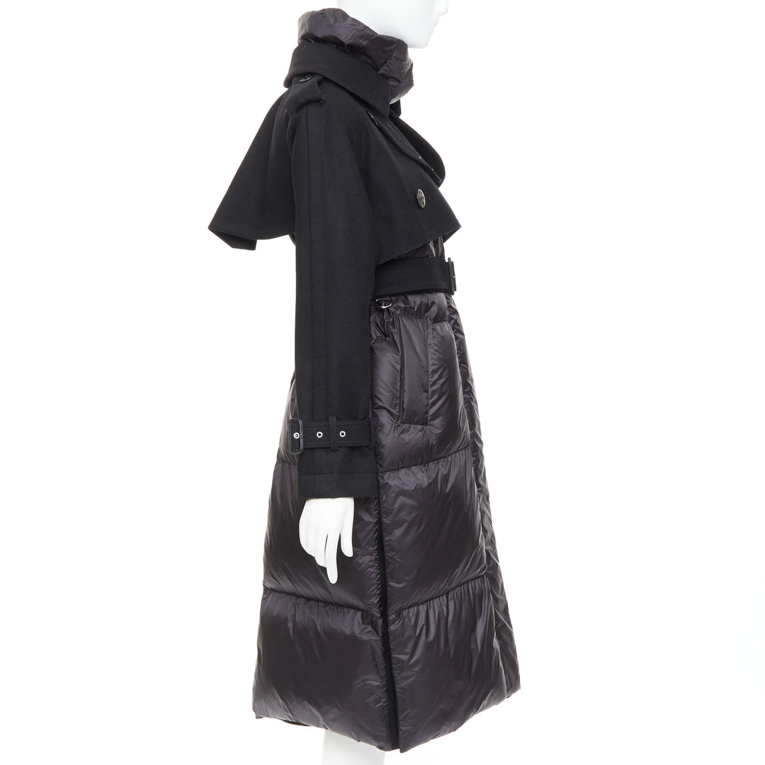 SACAI 2022 Hybrid black melton wool leather trim padded puffer trench coat JP1 S